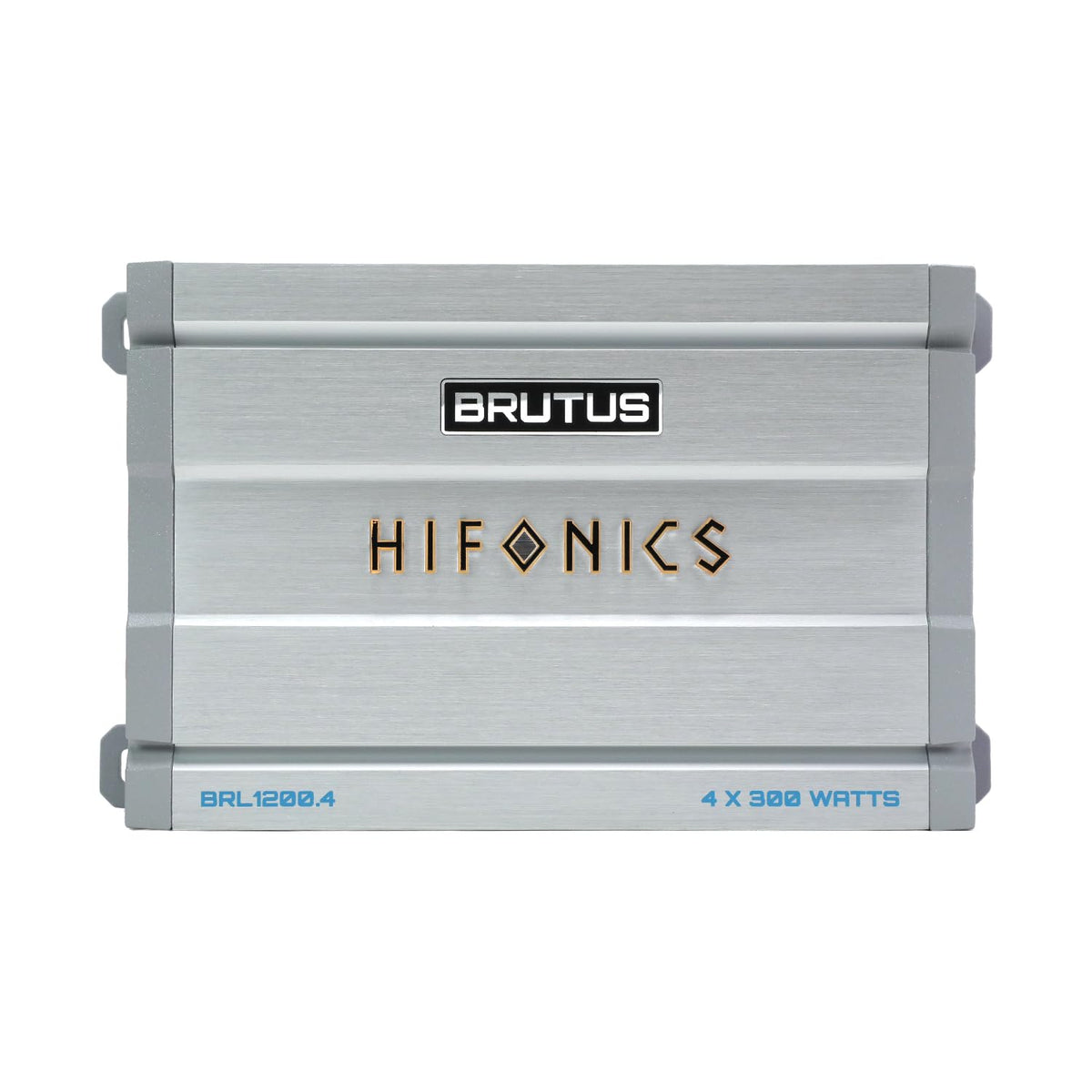 Hifonics Brutus BRL1200.4 car Audio Four Channel Amplifier Delivering 1200 watts RMS with a Built-in UV Meter and Intelligent Power Management System.