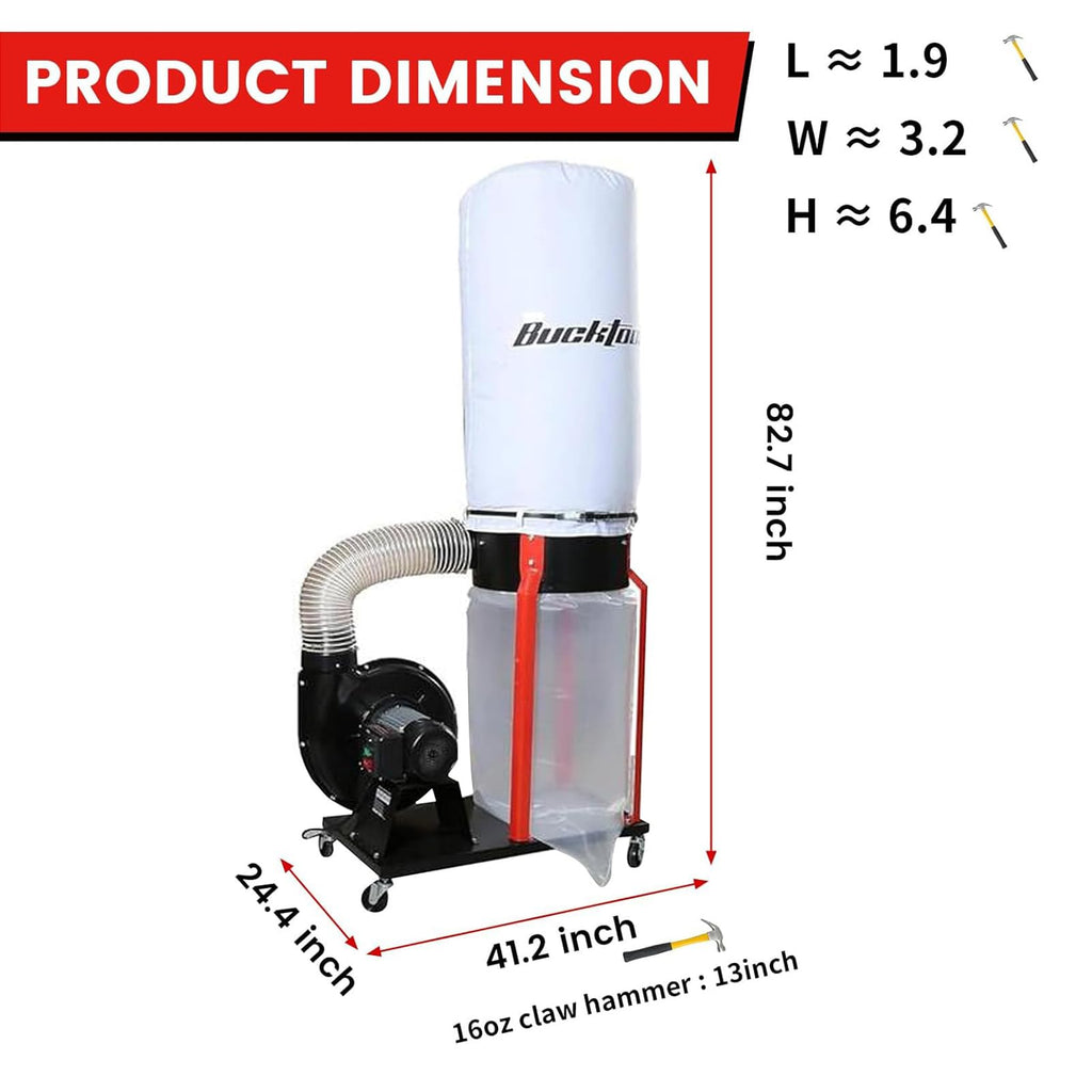 BUCKTOOL 1-1/2 HP Dust Collector, Internal Dust Baffle, 1100 CFM Airflow