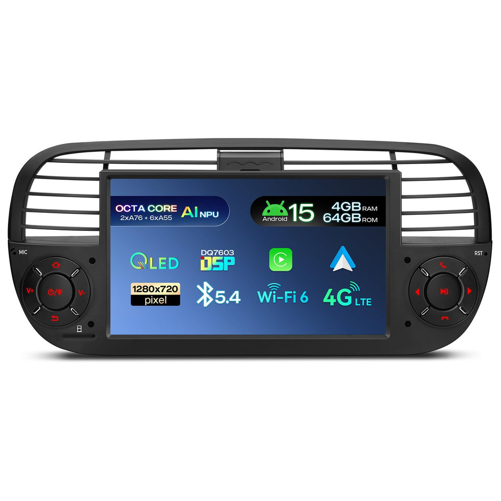 XTRONS Android 14 Car Stereo for Fiat 500 (2007-2015), 7 Inch Touch Screen Fiat 500 Replacement Head Unit with Gyroscope Built-in DSP GPS Navigation CarPlay Android Auto 4G LTE Bluetooth (4+64GB)