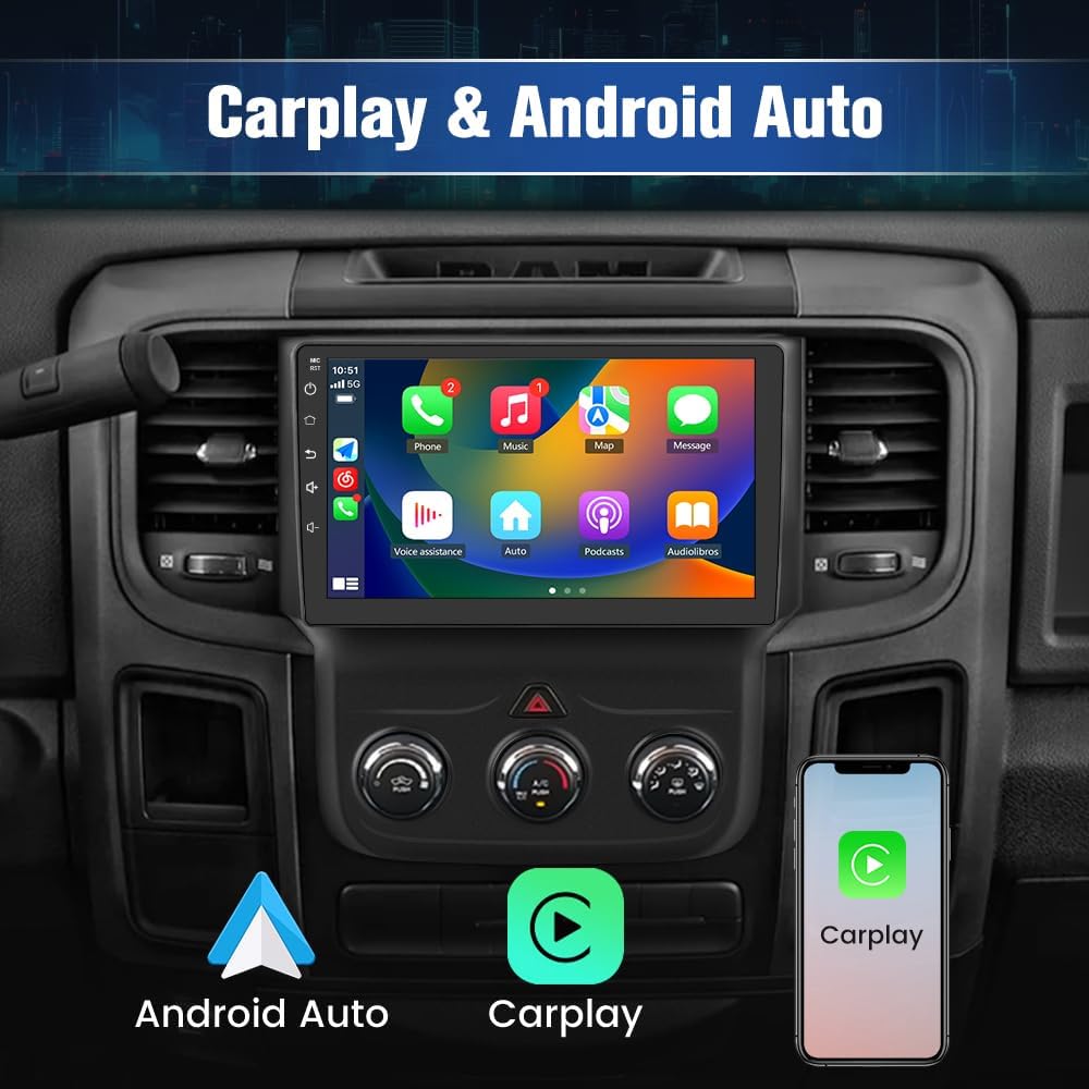 Junsun Car Stereo for Dodge RAM 1500 2500 3500 2013 2014 2015 2016 2017 2018 Qualcomm with Wireless CarPlay Android Auto Bluetooth GPS WiFi Backup Camera[4G+64G]
