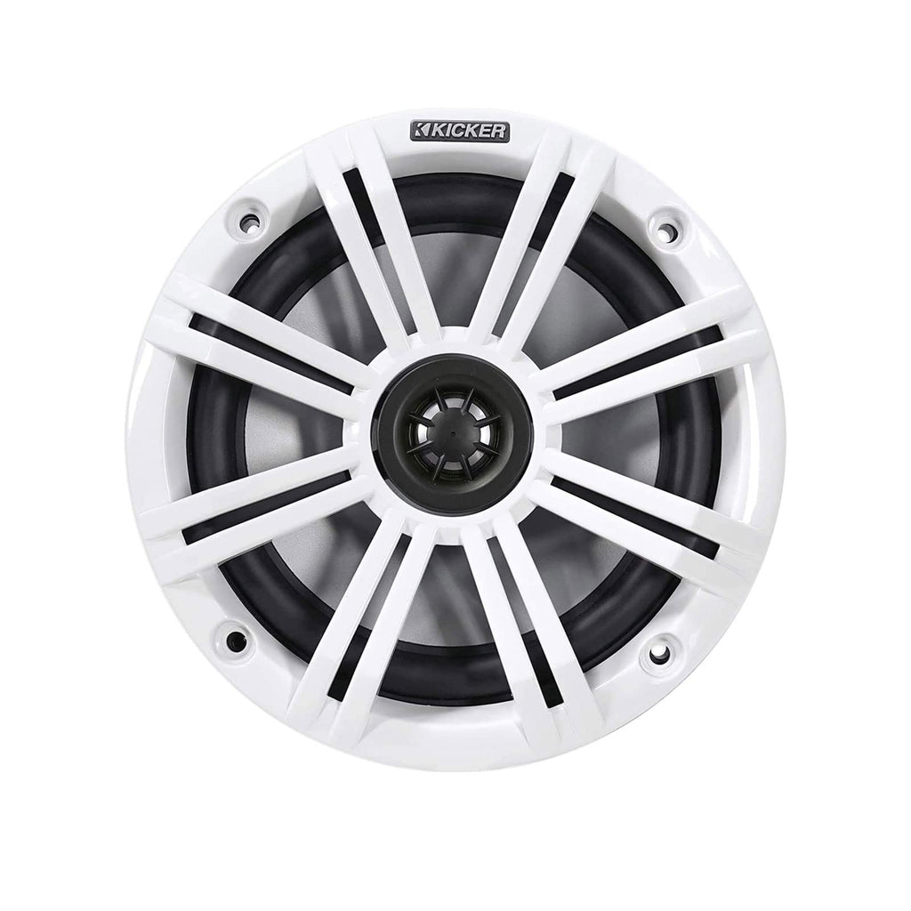 Kicker Weather-Resistant Marine Bluetooth USB RCA Stereo Receiver w/Remote Bundle with (QTY 4) 6.5" 2-Way 195W Max Coaxial Marine Speakers, White Grilles, 50-Ft Wire, Antenna