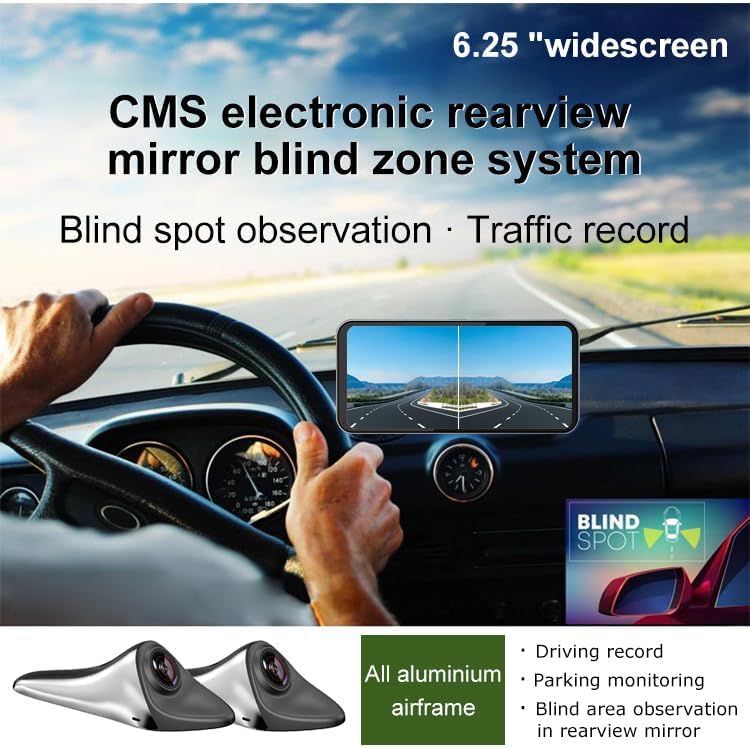 Car Blind Spot Camera Paired with Car Blind Spot Display System, Blind Spot Driving Recorder, BSD Blind Spot Warning Assistance, Blind Spot Monitoring BSM, Camera Monitoring System CMS (Silver)