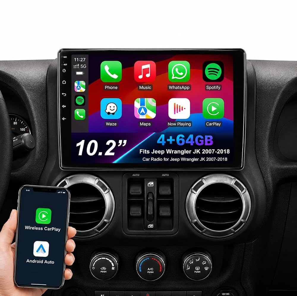 Car Radio Stereo for Jeep Wrangler JK 2007 2008 2009 2010 2011 2012 2013 2014 2015 2016 2017 2018, 10" Android Head Unit, Wireless CarPlay, Android Auto, GPS, Bluetooth, SWC, Backup Camera