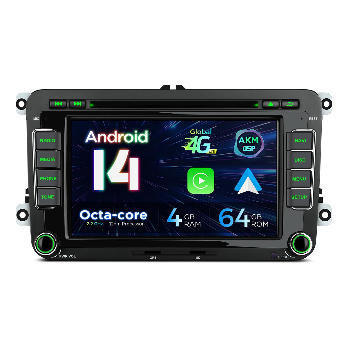 XTRONS Android 14 Car Stereo for Volkswagen Skoda SEAT, 7 Inch IPS Touch Screen Head Unit GPS Navigation Bluetooth Built-in DSP Support CarPlay Android Auto 4G LTE DVD TPMS Backup Camera (4+64G)