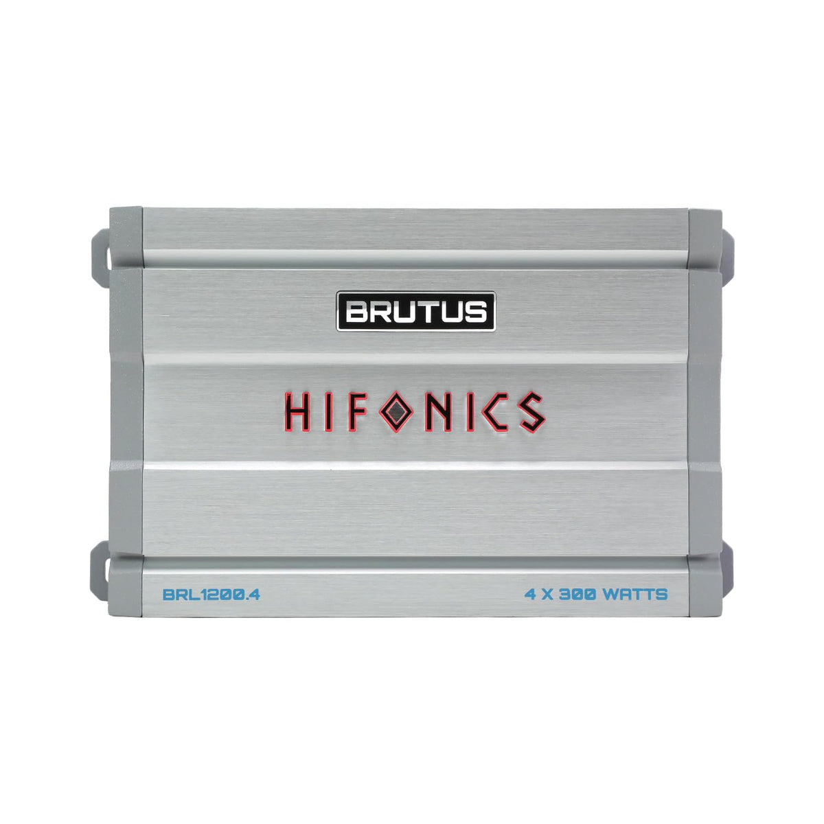 Hifonics Brutus BRL1200.4 car Audio Four Channel Amplifier Delivering 1200 watts RMS with a Built-in UV Meter and Intelligent Power Management System.