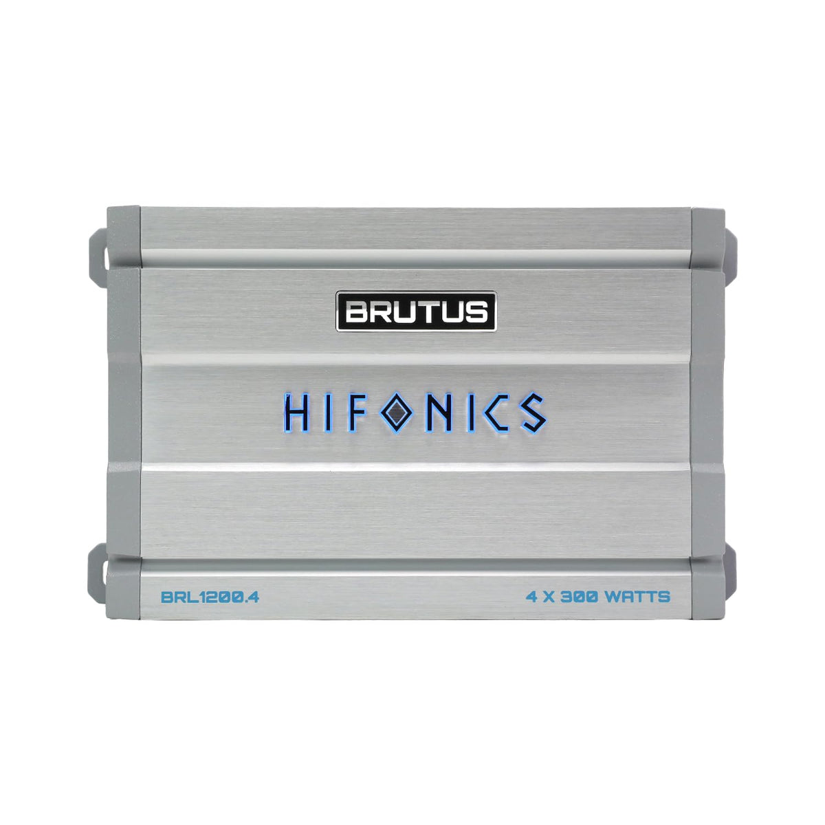 Hifonics Brutus BRL1200.4 car Audio Four Channel Amplifier Delivering 1200 watts RMS with a Built-in UV Meter and Intelligent Power Management System.