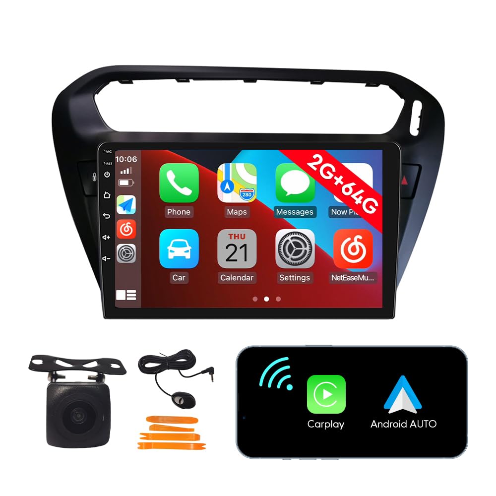 [2G 64G] Android Car Stereo FM Radio Carplay Android Auto 9" Touchscreen Headunit Media Player with Backup Camera for Peugeot 301 2013 2014 2015 2016 Matt Black