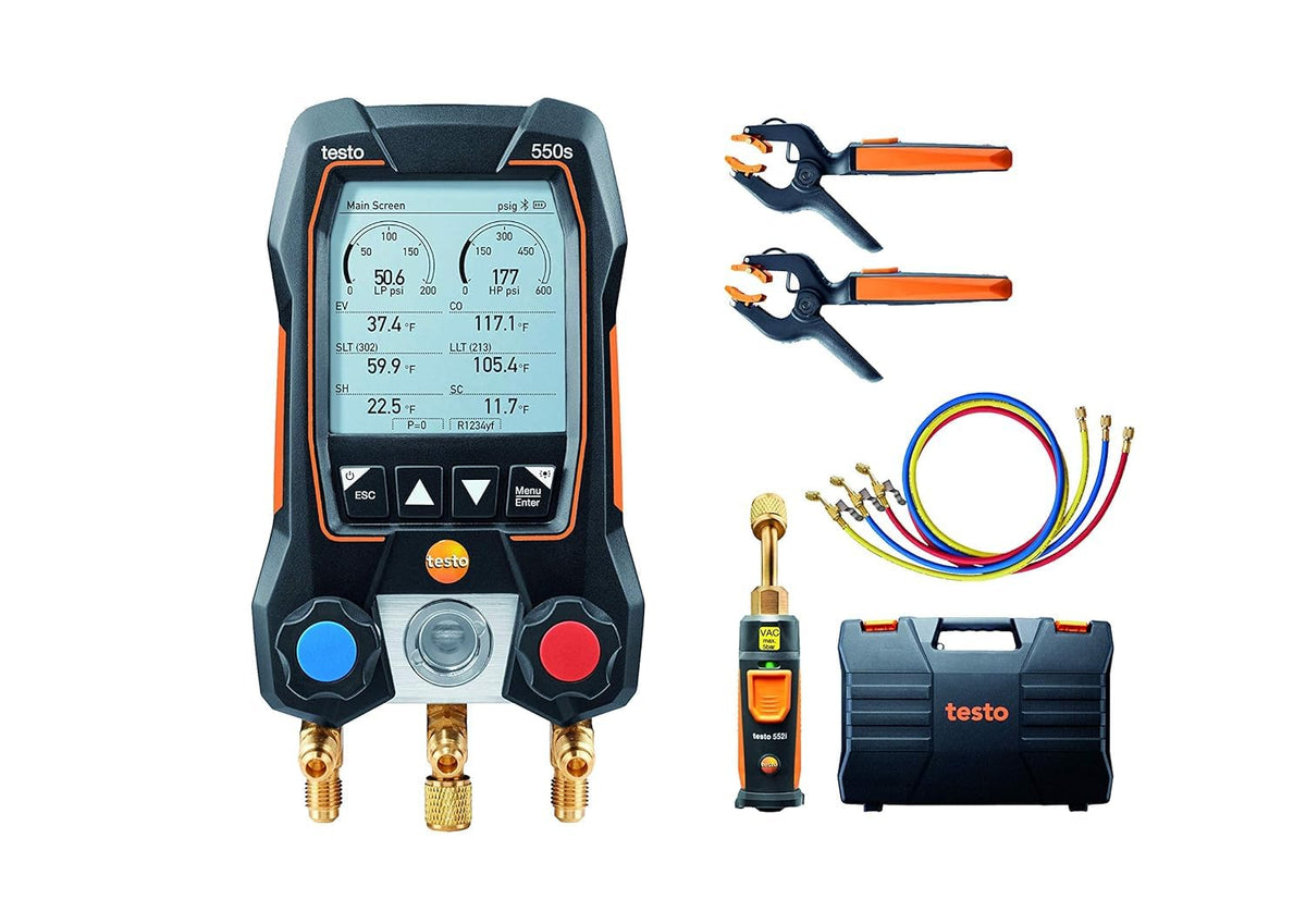 testo 550s AC Manifold Gauge Set – Manifold Gauges HVAC – Incl. 2 Wired Temperature Clamp Probes – Recharge Kit with Superheat, Subcooling For AC, Refrigeration & Heat Pumps – Bluetooth
