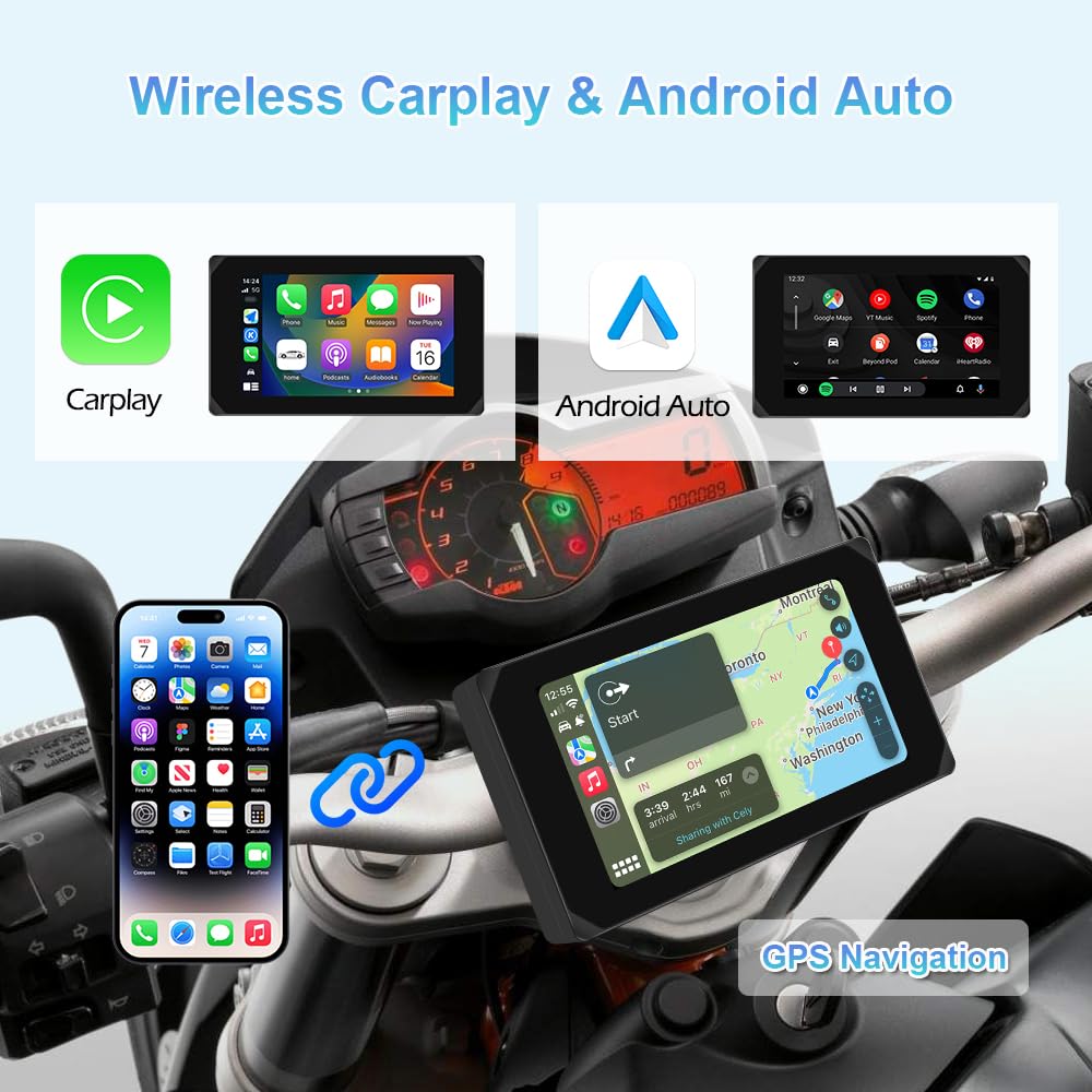Motorcycle Carplay Screen, Wirelss Carplay Android Auto, Tire Pressure Sensors, Parking Monitoring, WiFi 5 Inch Touchscreen 1080P Front and Rear Camera Motorbike Dash Camera, GPS (5-inch)