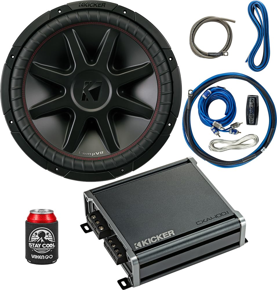 KICKER Subwoofer and Amp Package of 3 Items - 15" CompVR 1000 Watt Sub, Kicker Class D Monoblock Premium Amplifier, and Complete 8AWG Wiring Kit