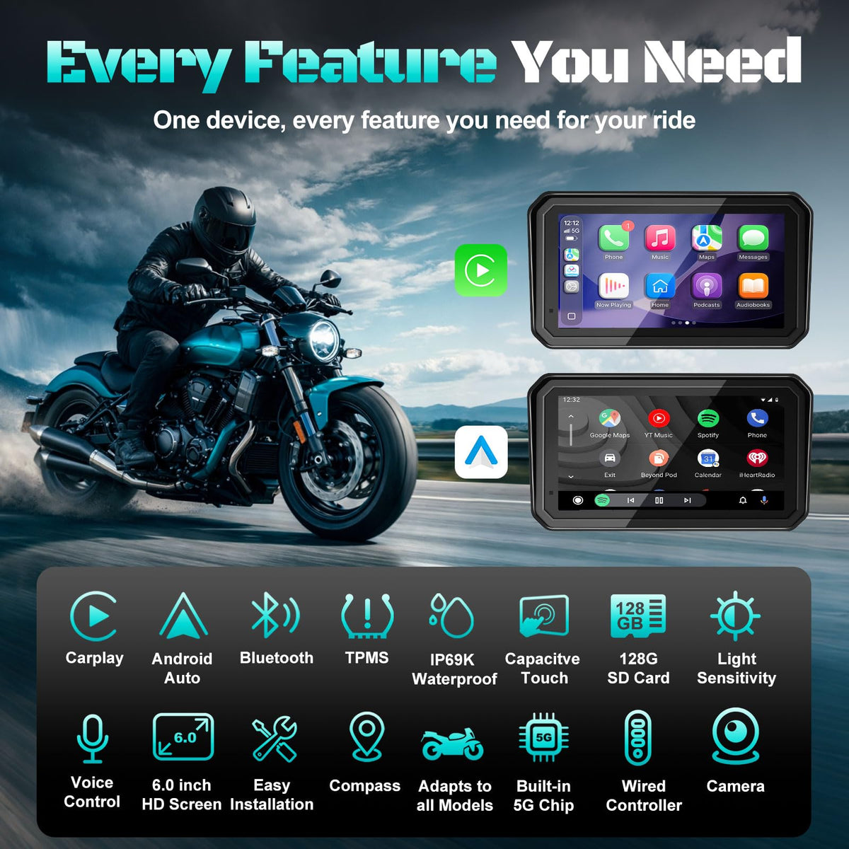 2026 LBW 6" Portable Motorcycle CarPlay GPS(Includes 128G SD), with Wireless Android Auto, Dual 2K Dash Cam/Recorder, Navigation, HD Waterproof Touchscreen, Quick-Release Magnetic Bracket, TPMS, BT