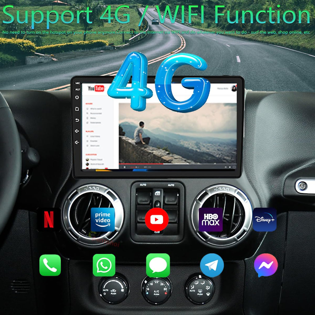 Android 14,8GB+128GB,Car Stereo Radio for Jeep Wrangler JK Compass Grand Cherokee Dodge Ram 1500, 10 inch QLED Touchscreen Support Wireless CarPlay Android Auto GPS Bluetooth FM SWC
