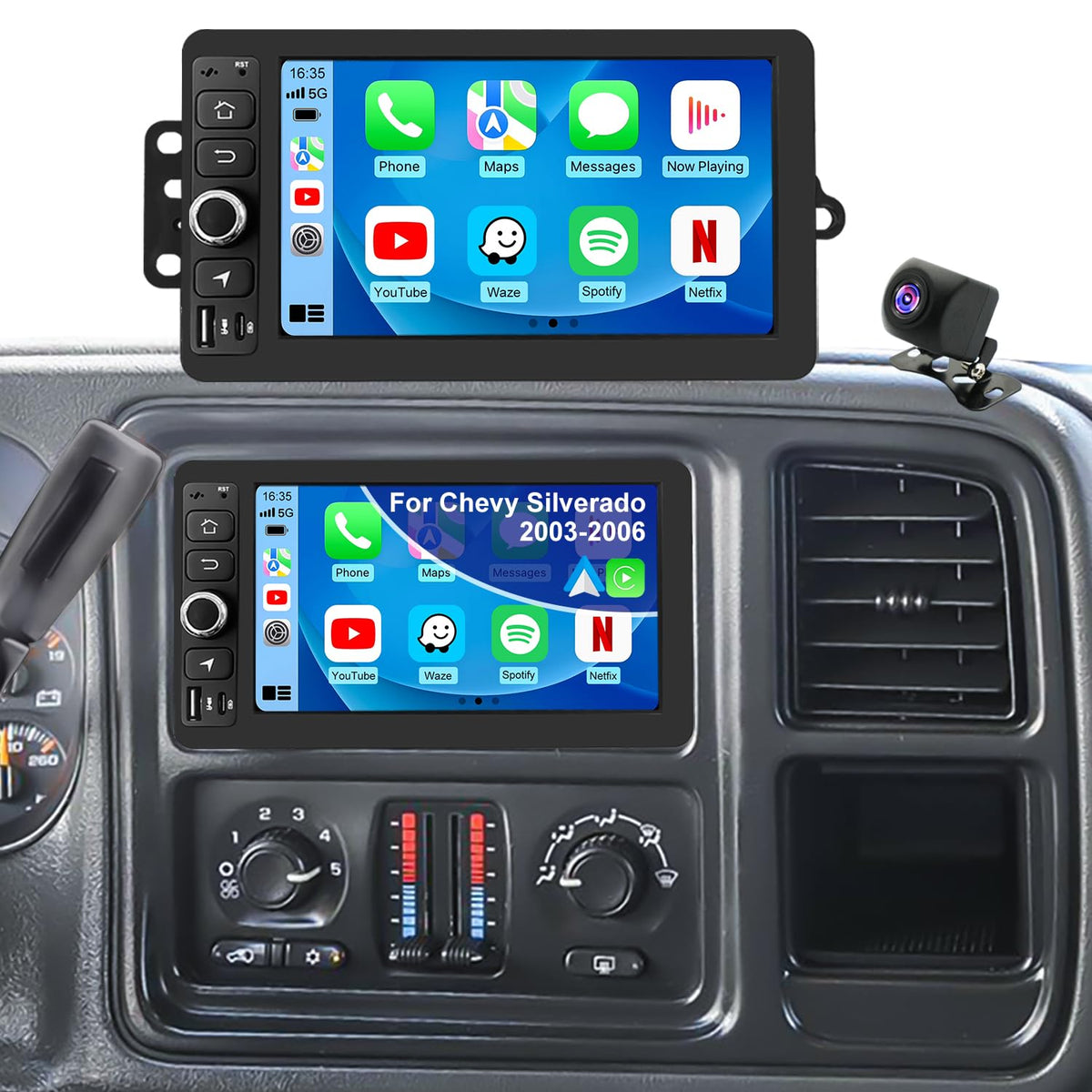 Car Radio for GMC Sierra 1500/2500/3500 2003-2006, Chevy Silverado 1500/2500/3500 2003-2006, Tahoe/SSR 2003-2006, Impala 2000-2005, 7" Touch Screen Stereo, Carplay Android Auto GPS FM BT WiFi Camera