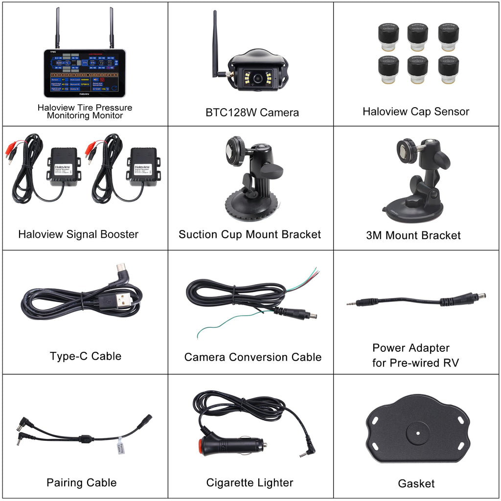 Haloview Byte Tango BT7 TPMS with 6 Sensors 1080P Wireless Backup Camera System with Integrated Rv Tire Pressure Monitoring System for RV Truck Trailer Camper TPMS-6S