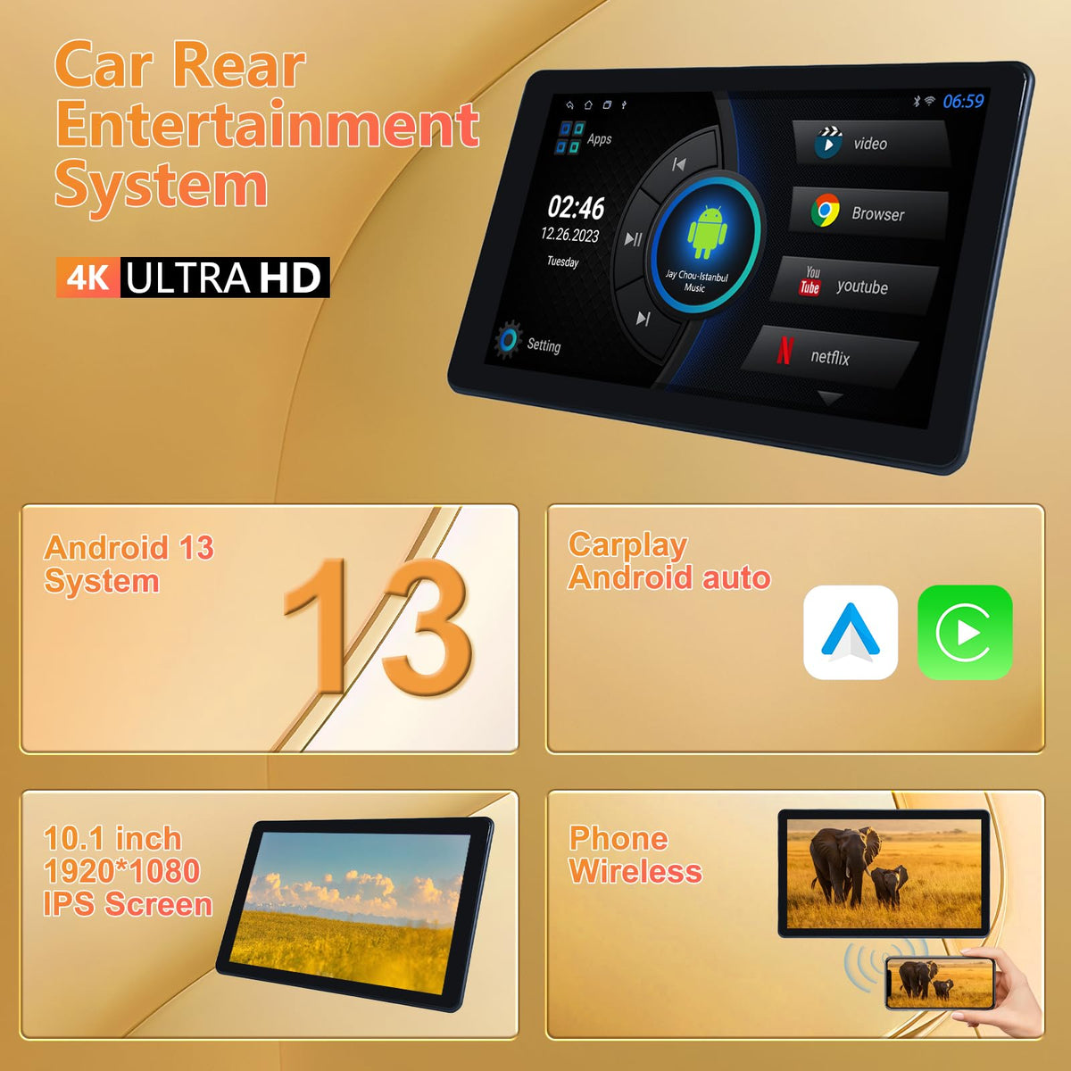 10.1" Car TV Headrest Monitor for Back Seat, 4K Android Tablet Portable Rear Entertainment System, Support Phone Wireless MirrorLink, with WiFi/HDMI/USB/Video Player, 2G+32G (1*PCS)
