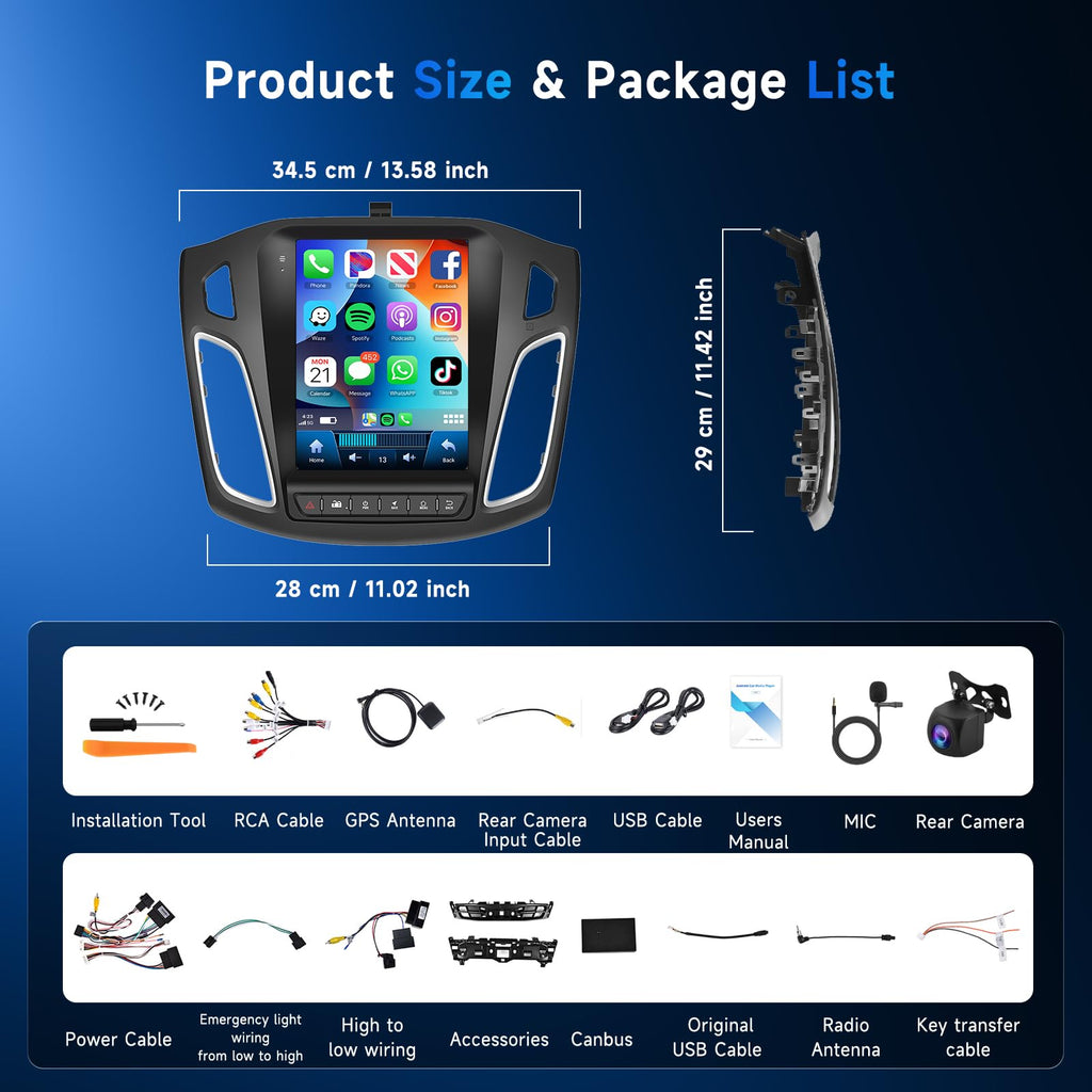 4G+64G Android Stereo for Ford Focus 2012-2018 Radio Upgrade 9.7 Inch IPS Touch Screen Head Unit, Car Stereo with Wireless Carplay Android Auto GPS WiFi DSP Bluetooth FM RDS Backup Camera