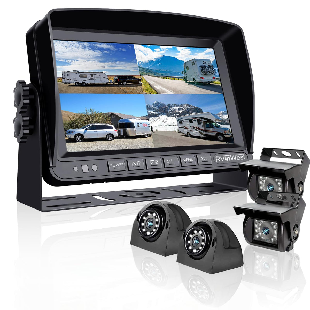 RV Backup Camera System with 7'' Monitor Wired for RV Semi Box Truck Trailer Bus, 4 Split Screen Quad View HD DVR Record Monitor + IP69 Waterproof Night Vision Rear Side View Camera Avoid Blind Spot