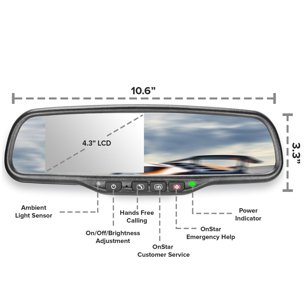 Master Tailgaters 10.5" OEM Rear View Mirror with 4.3" LCD Screen + OnStar Buttons for Existing Wiring | Rearview Universal Fit | Auto Adjusting Brightness LCD | Anti Glare | Full Mirror Replacement