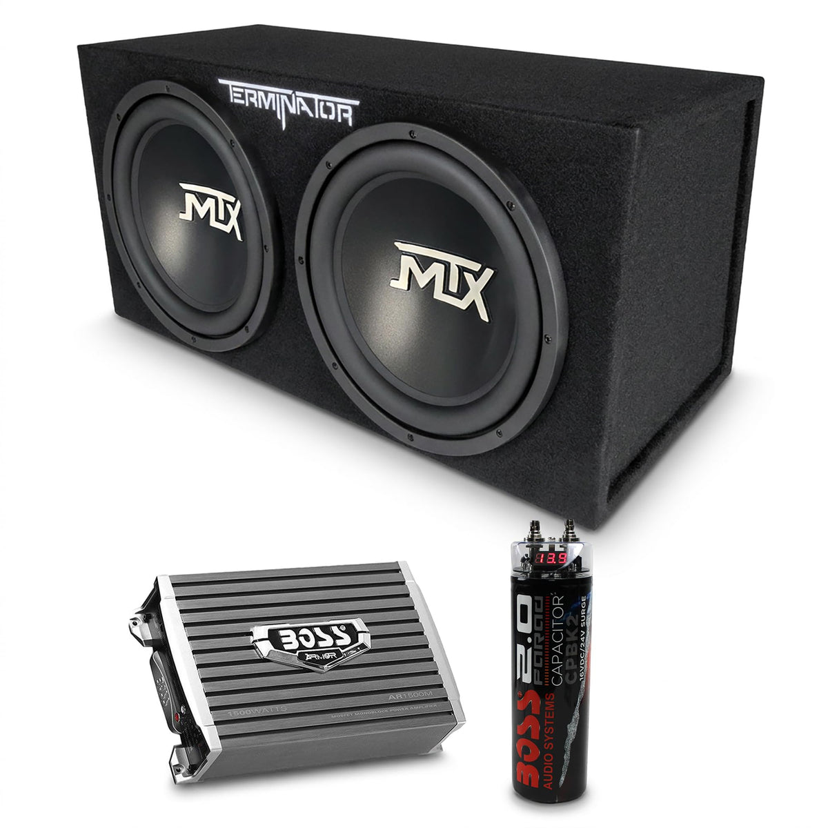 MTX Terminator Dual 12" Subwoofer Box w/Amp, Wiring Kit, & Capacitor