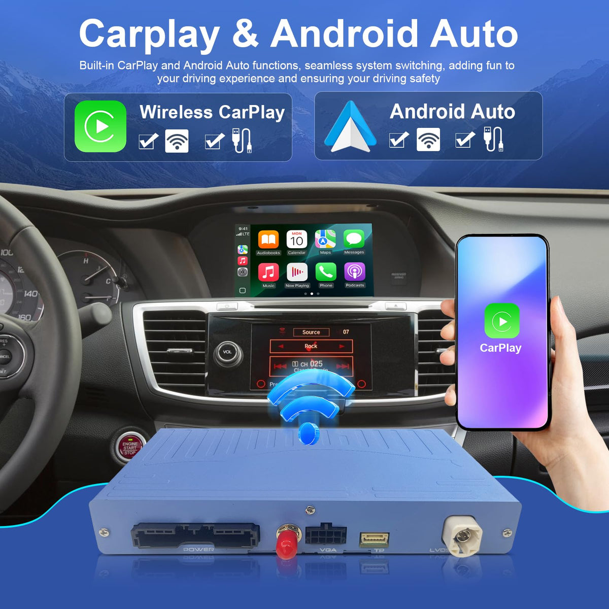 Wireless CarPlay Android Auto for Honda Accord Odyssey 2014-2018, Smart Dual-Screen Module with Control Knob, Video MirrorLink GPS Navigation, Retain Factory Backup Camera & Steering