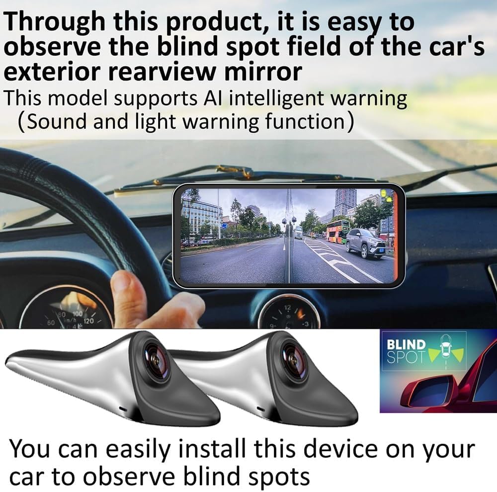 Car Blind Spot Camera Paired with Car Blind Spot Display System, Blind Spot Driving Recorder, BSD Blind Spot Warning Assistance, Blind Spot Monitoring BSM, Camera Monitoring System CMS (Silver)