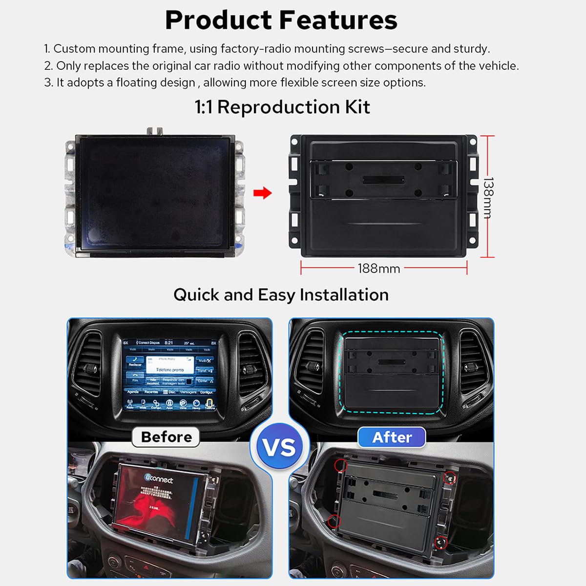 Joying Car Radio for Jeep Compass 2017-2020, Android 13 Head Unit 8 Inch IPS Touchscreen Stereo for 8.4" OEM Display, with CarPlay & Android Auto, GPS Navigation, AM/FM, Volume Knob(JY-CR811T4)
