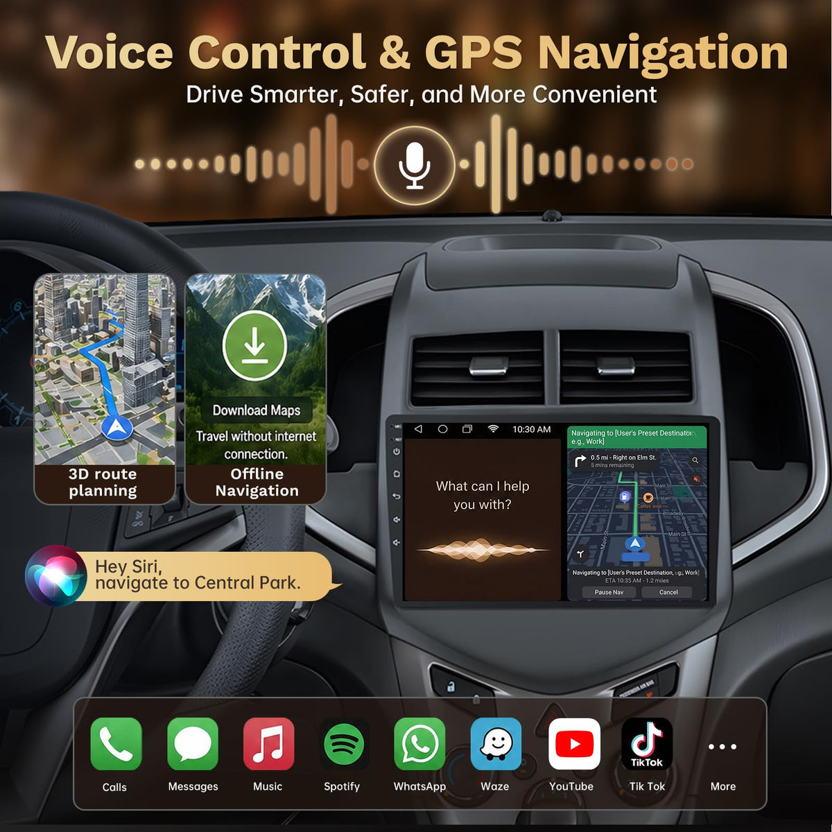 8Core 4+64GB Android 15 Radio for Chevy Sonic Aveo 2012-2016: 9 Inch 1280 * 800 IPS Touch Screen with Wireless Carplay Android Auto 5G WiFi Bluetooth 1080P Backup Camera GPS Navigation SWC FM/AM/DSP