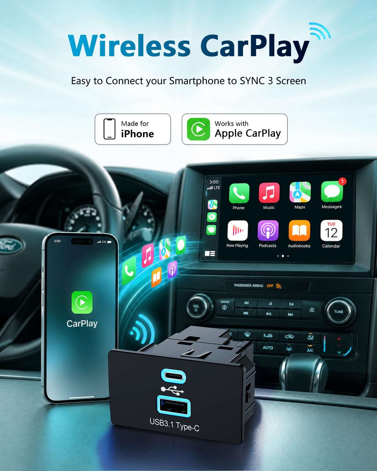 Wirelees Carplay for Ford F-150 Lincoln 2016-2023 SYNC 3.4 Auto USB Hub