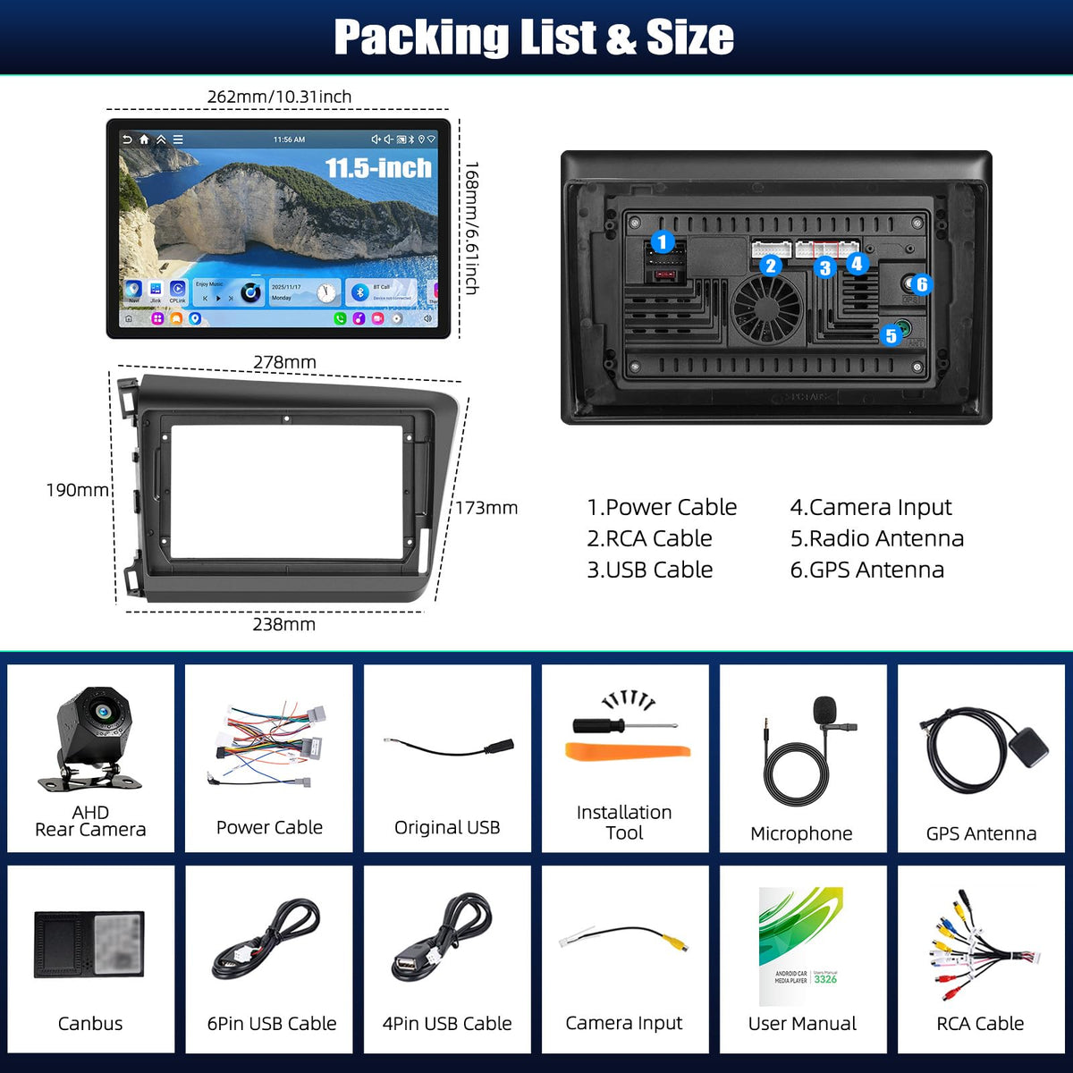 [4+64GB] 11.5 Inch Android 15 Car Stereo for Honda Civic 2012-2015