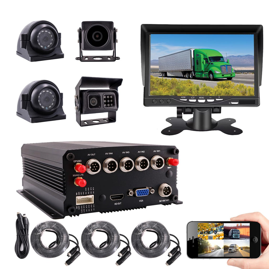 4 Channel 1080P Mobile Vehicle Truck Bus DVR Black Box Video Recorder Kit with 4pcs Waterproof Side Rear View Backup Night Vision Metal IR Car Camera 7" IPS Car Monitor (500GB SSD Included)