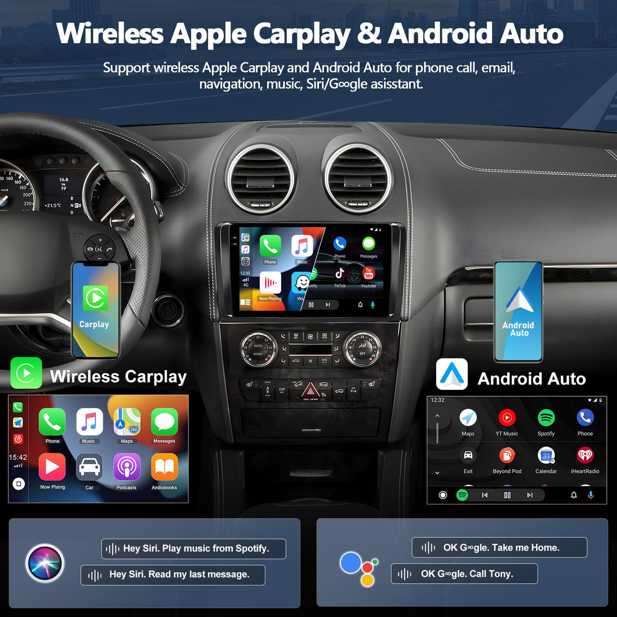 4G+128G Car Radio Stereo for Mercedes Benz ML GL Class W164 X164 ML350 GL450 2005-2011, Wireless CarPlay Android Auto 9” in-Cell 1280*720 Touch Screen Head Unit with GPS WIFI Bluetooth Backup Camera