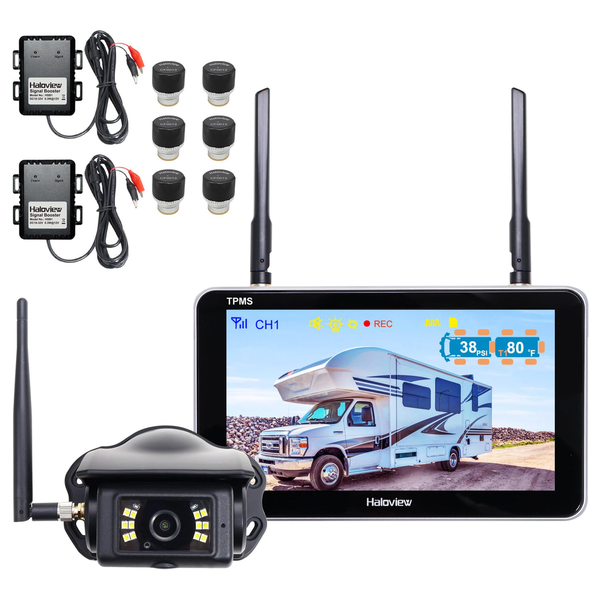 Haloview Byte Tango BT7 TPMS with 6 Sensors 1080P Wireless Backup Camera System with Integrated Rv Tire Pressure Monitoring System for RV Truck Trailer Camper TPMS-6S