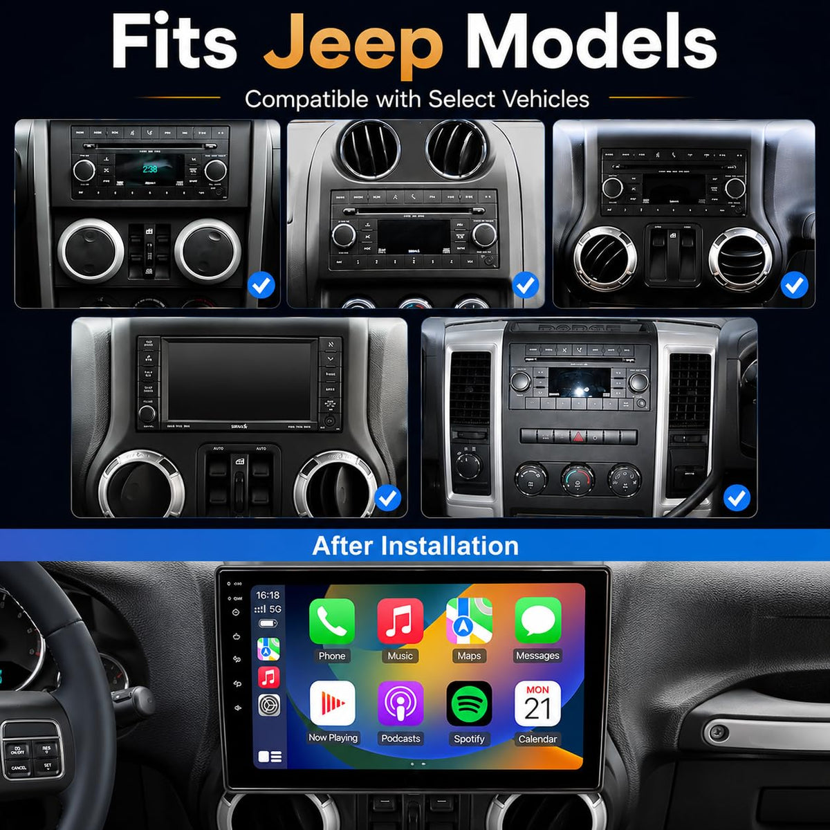 Car Radio Stereo for Jeep Wrangler JK 2007 2008 2009 2010 2011 2012 2013 2014 2015 2016 2017 2018, 10" Android Head Unit, Wireless CarPlay, Android Auto, GPS, Bluetooth, SWC, Backup Camera