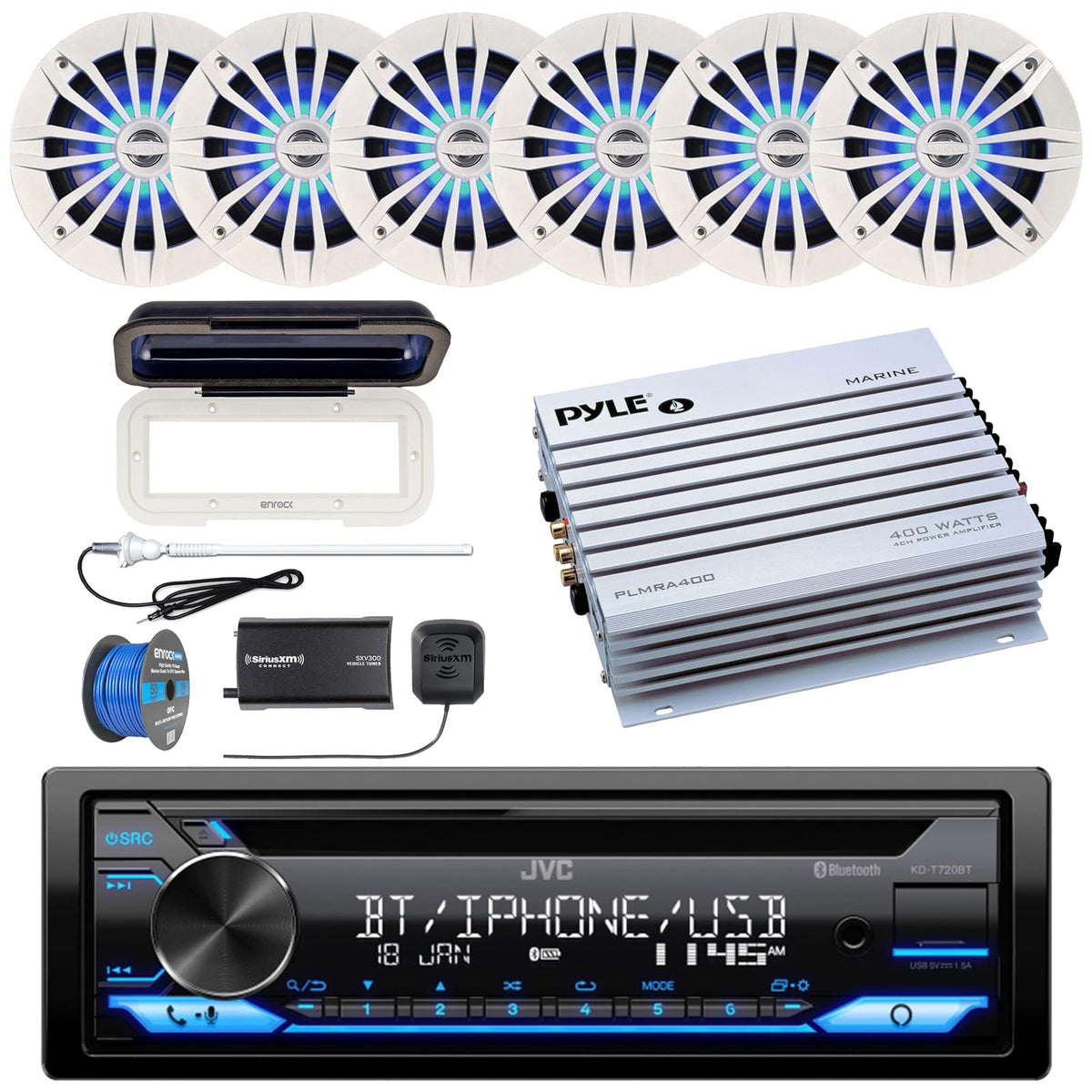 Single DIN AM/FM Radio Bluetooth CD Player Receiver, Radio Cover, 6x 6.5" 2 Way 180 Watt Multicolor LED Speakers (White), 4-Channel Amplifier, Satellite Radio Tuner Kit, Antenna, Wire