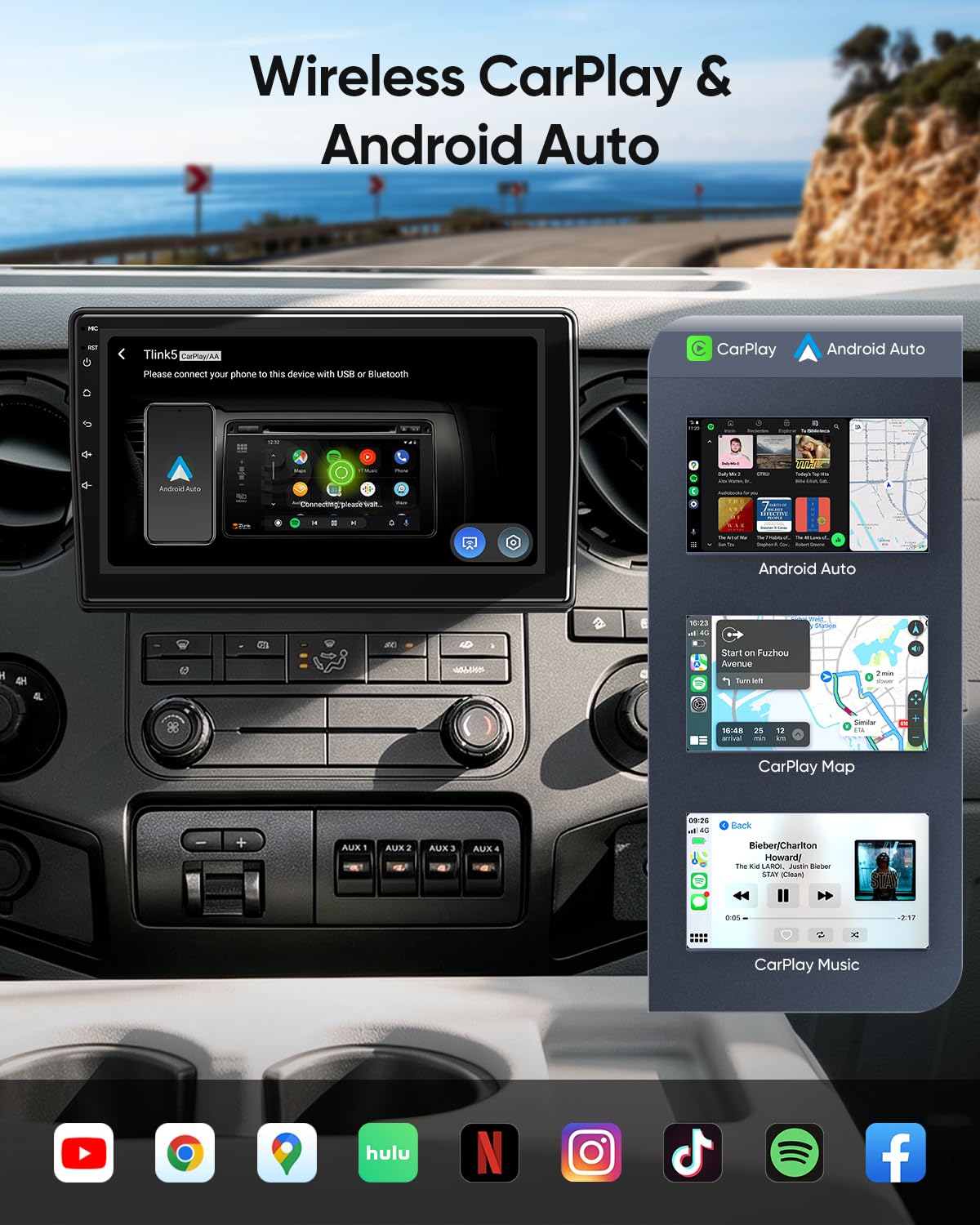 10.1'' QLED Android Car Stereo for Ford F-150 (2004-2008) F250/F350 (2006-2016) Edge (2007-10) E150/E250/E350 (2009-14) Focus Mustang Escape, CarPlay Android Auto, 5G WiFi BT GPS FM SWC 2+32GB