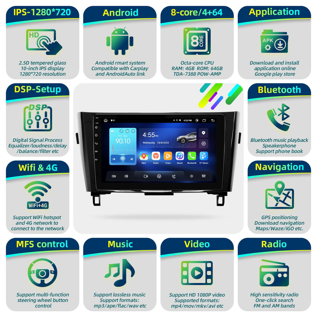 Android Radio Upgrade for Rogue X-Trail 2014-2018 Compatible with Wirelessly Carplay Android Auto Car Stereo Bluetooth Navigation TouchScreen GPS 8core 4GB RAM 64GB Head Unit Multimedia Player