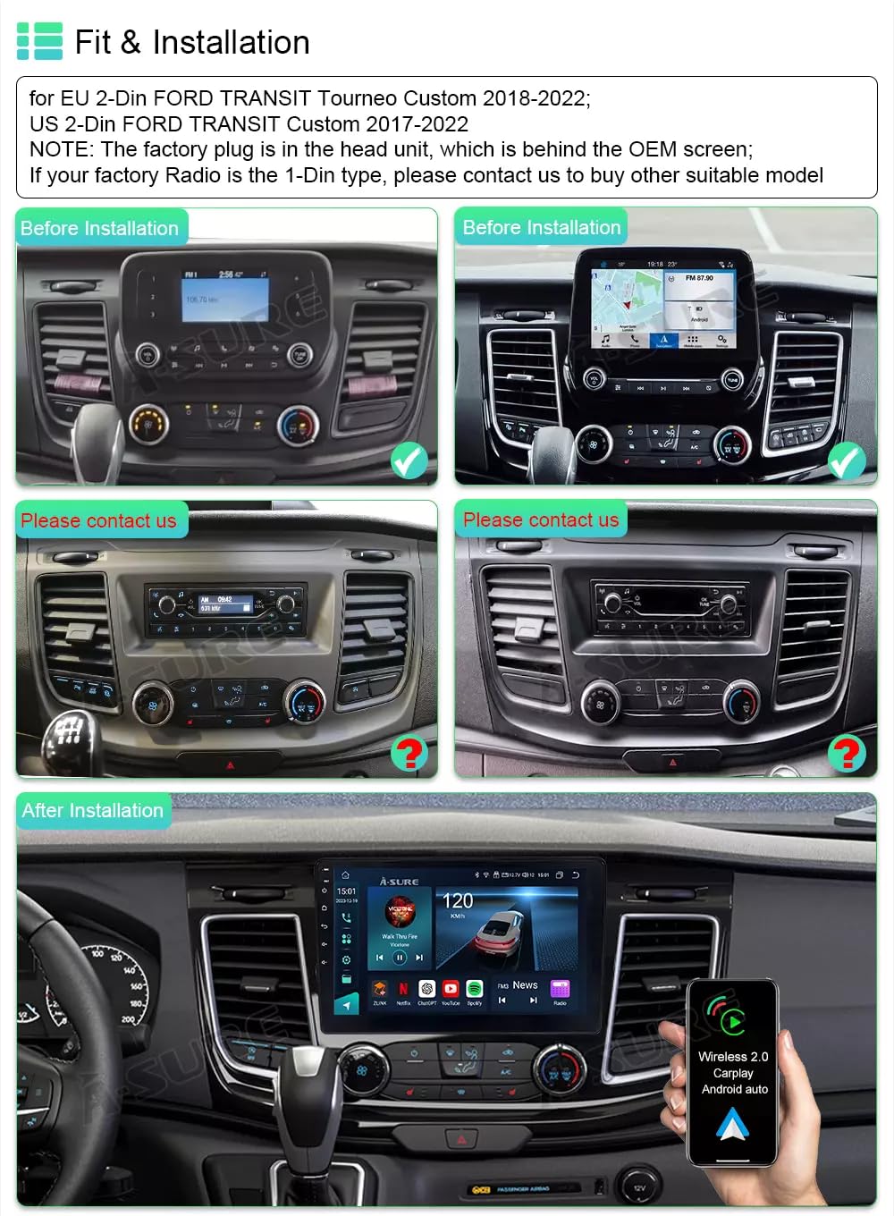 10 Inch Android 14 Car Stereo Radio for Ford Transit Custom 2020 2021 2022 2023 2024 with Wireless Carplay Android Auto Touchscreen Radio GPS Navi Bluetooth FM RDS SWC+ Backup Camera, 2+32G