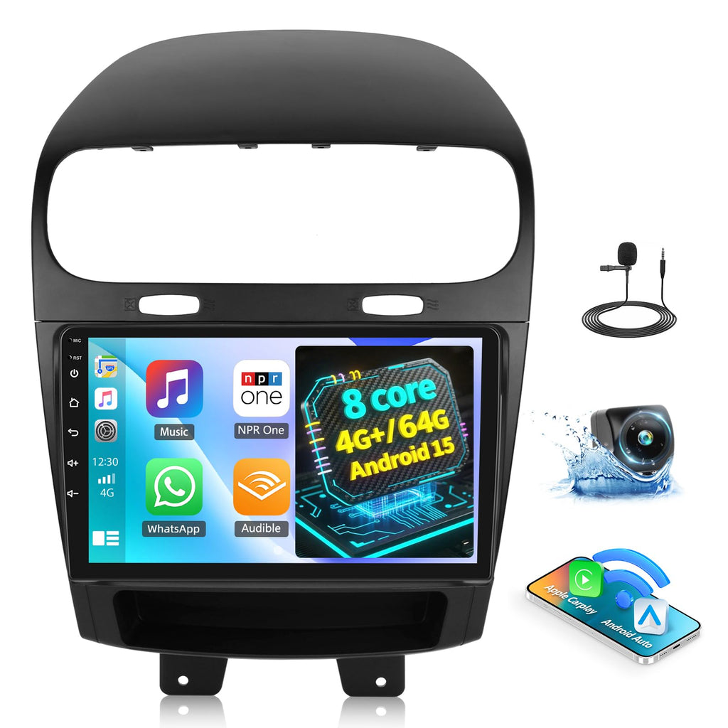 [8 Core 4G+64G] Car Radio for Dodge Journey 2011-2019 with Wireless Carplay Android Auto,9'' Touchscreen Android 15 Dodge Journey Car Stereo with WiFi/GPS Bluetooth FM/RDS 32EQ DSP+AHD Backup Camera