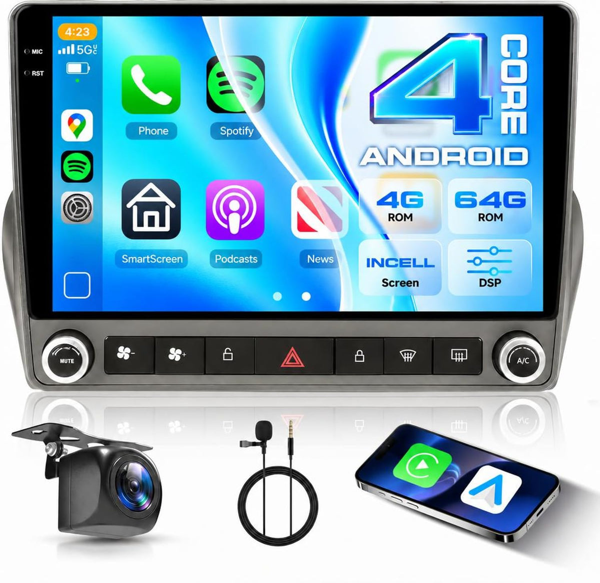 [4G+64G] Android Car Stereo for Chevy Camaro 2008-2015, Wireless Carplay &Android Auto 9 Inch Touch Screen Radio, GPS, Double Din, Mirror Link, Bluetooth, DSP, EQ, WiFi, FM RDS, Camera