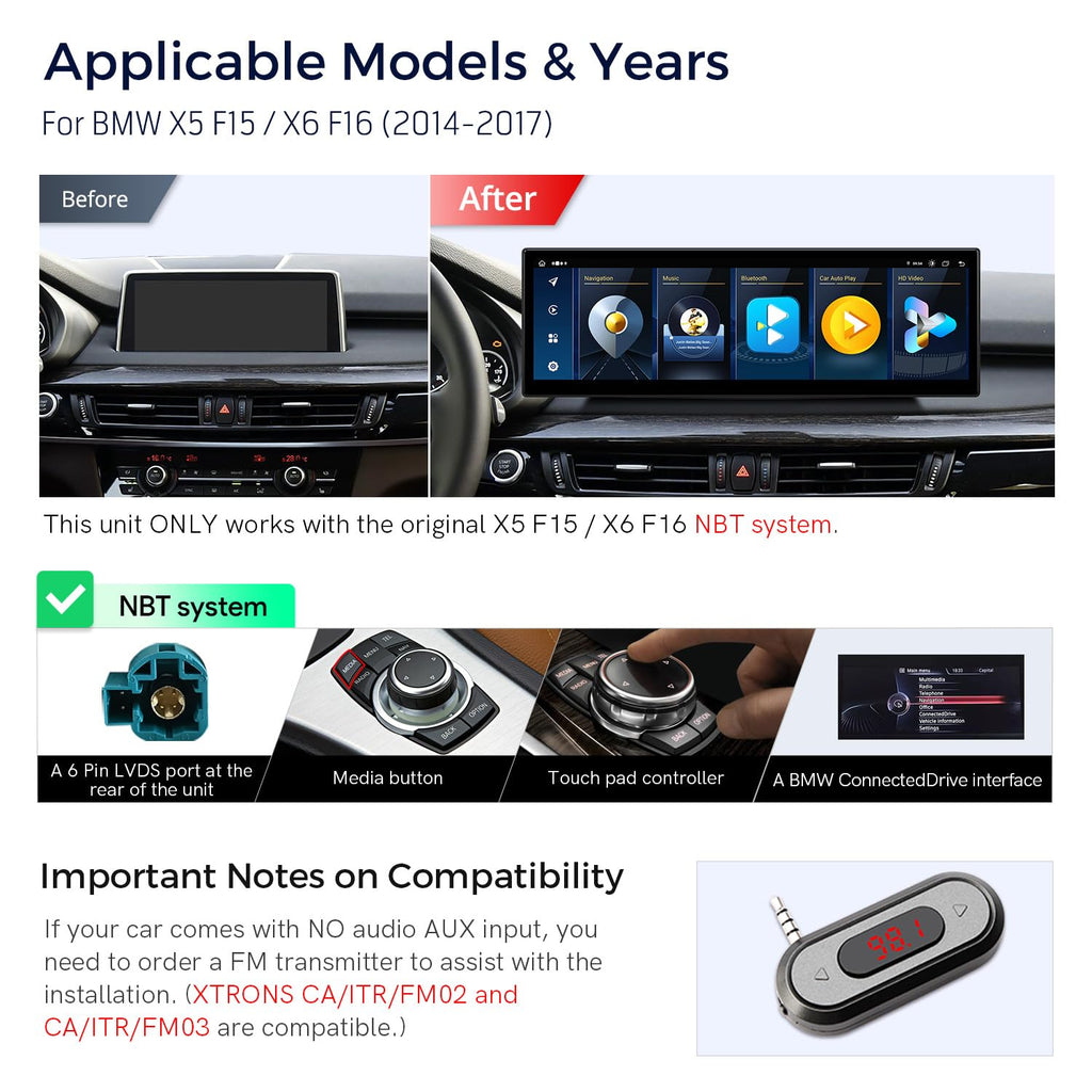 XTRONS 14.9 Inch Android 14 Car Stereo for BMW X5 F15 X6 F16 (2014-2017) with NBT System, 2K IPS Touch Screen 8+256 GB Global 4G LTE Car Radio GPS Navigation Support Wireless CarPlay Android Auto