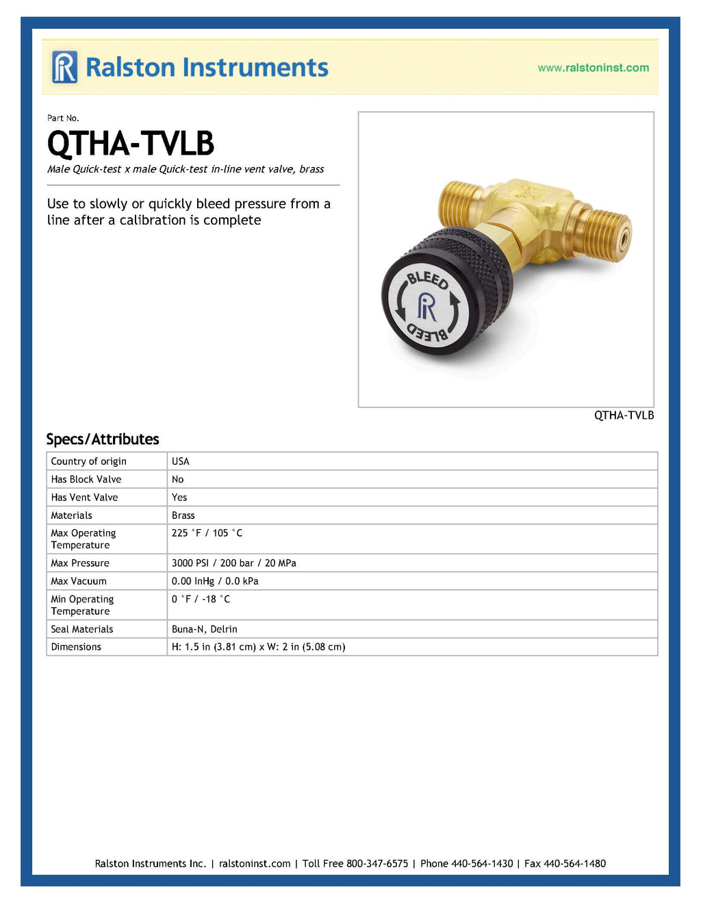 Ralston Instruments QTHA-TVLS Male Quick-test x male Quick-test in-line vent valve