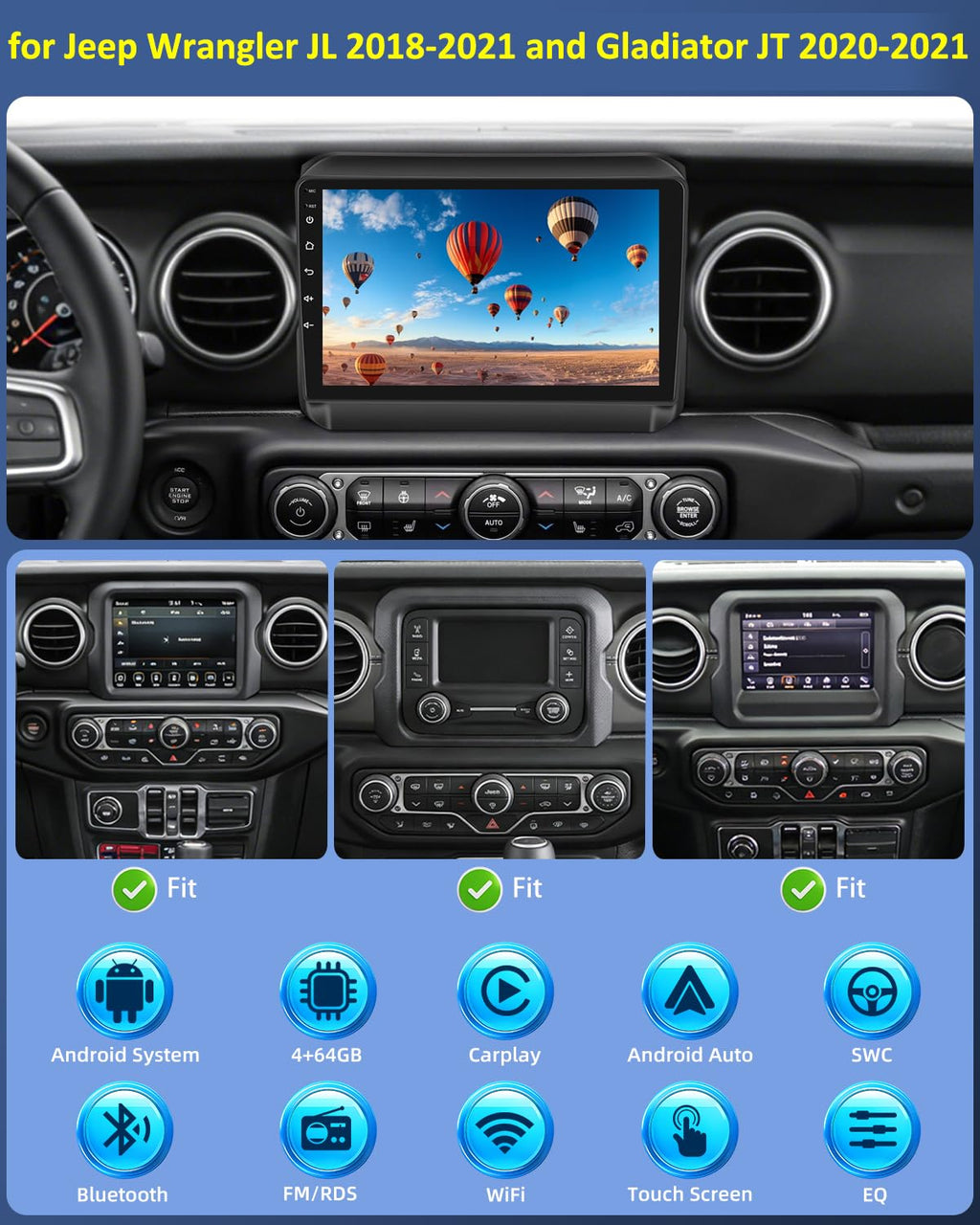 4+64G Car Stereo for Jeep Wrangler JL 2018-2021 & Gladiator JT 2020-2021
