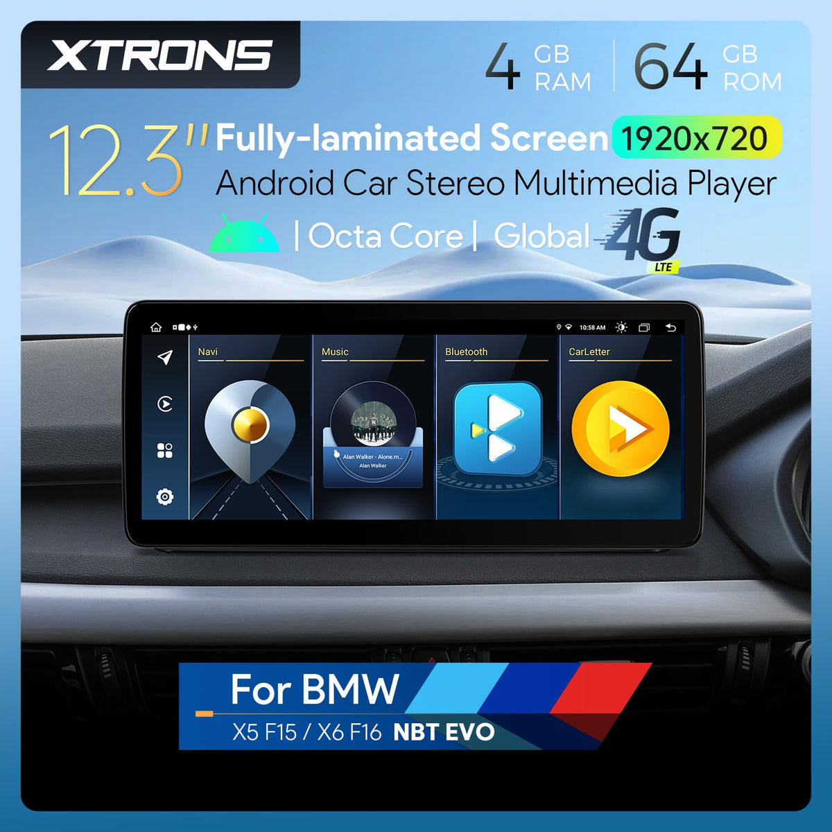 XTRONS 12.3 Inch Android 14 Car Stereo for BMW X5 F15 X6 F16 2017 2018 2019 NBT EVO System, IPS Touch Screen 4+64GB Global 4G Car Radio GPS Navigation Support Wireless Car Play Android Auto