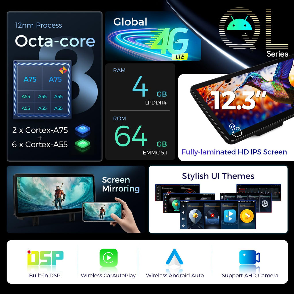 XTRONS 12.3 Inch Android 14 Car Stereo for BMW X5 F15 X6 F16 2017 2018 2019 NBT EVO System, IPS Touch Screen 4+64GB Global 4G Car Radio GPS Navigation Support Wireless Car Play Android Auto