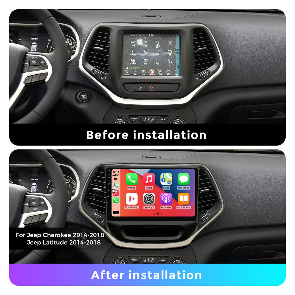 for Jeep Cherokee Latitude 2014-2018 Radio Upgrade with Carplay & Android Auto 8-Core 2G RAM + 32G ROM Car Stereo 9-Inches QLED Touch Screen Head Unit with GPS Navigation(Gold Trim)