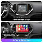 for Jeep Cherokee Latitude 2014-2018 Radio Upgrade with Carplay & Android Auto 8-Core 2G RAM + 32G ROM Car Stereo 9-Inches QLED Touch Screen Head Unit with GPS Navigation(Gold Trim)