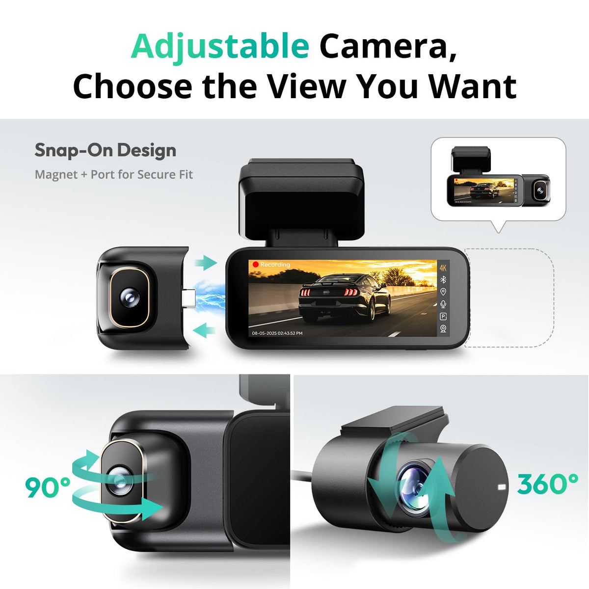 BOTSLAB 3 Channel Dash Cam 4K with ACC Hardwire Kit & 128GB TF Card, 3.18" Touch Screen, Voice Control, 4K Front and 1080P Rear Inside Loop Recording, 5.8GHz WiFi, GPS, Night Vision, WDR, Parking Mode