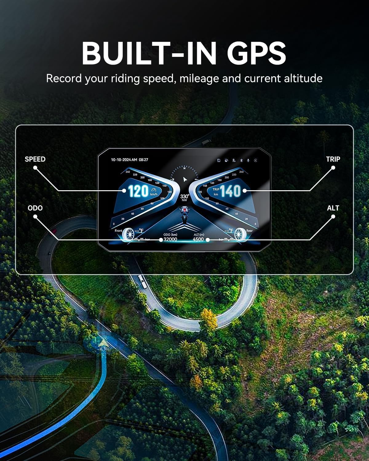 Y5 5" Motorcycle CarPlay Screen, Wireless Android Auto, Dual 1080P Motorcycle Dash Cam Front and Rear with TPMS, IP67 Waterproof, 5G Wi-Fi & App, 64GB Card Included, GPS, Parking Monitor, Night Vision