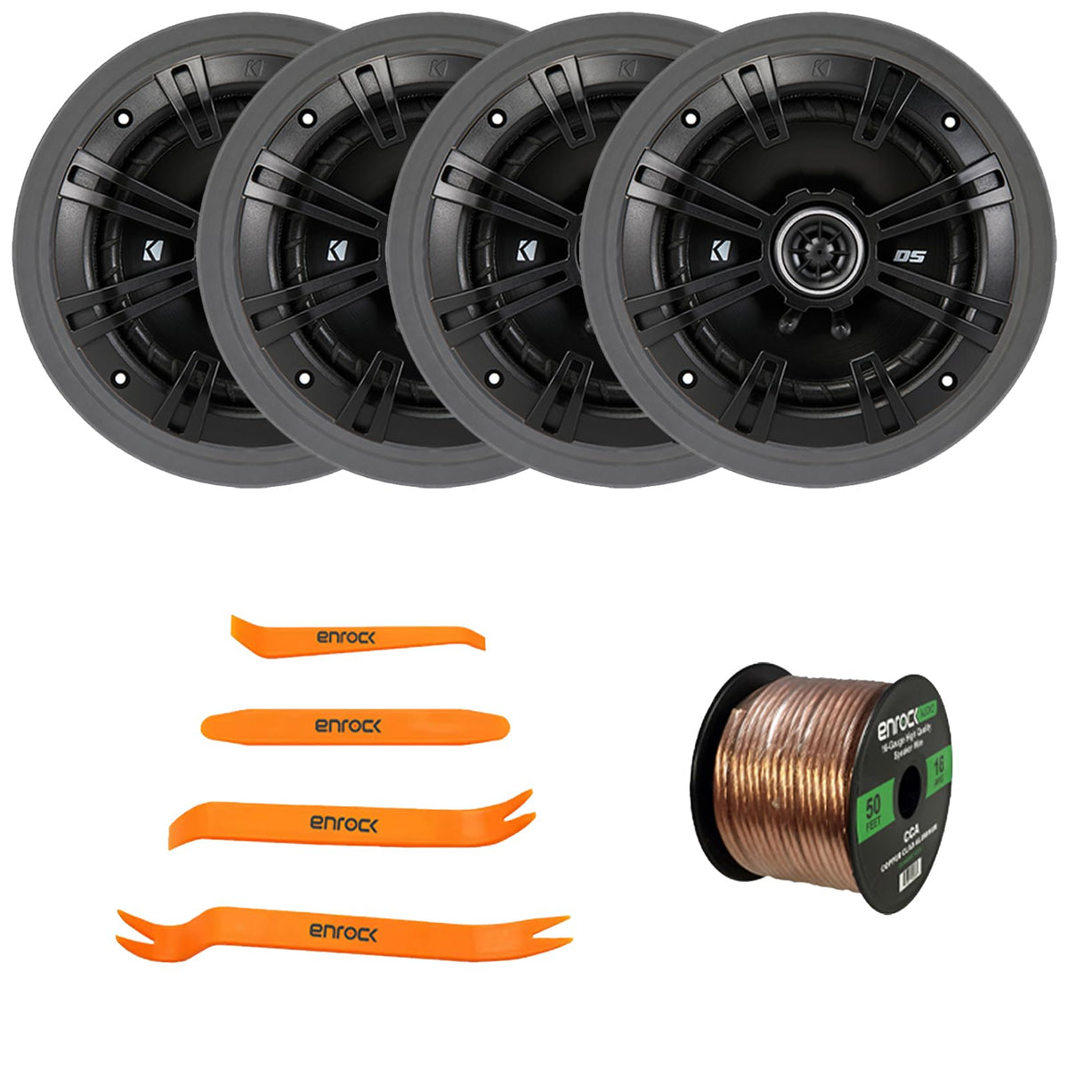 KICKER 4X 43DSC6504 6.5" 240 Watt Max Power 2-Way 4-Ohm Coaxial Car Audio Speakers, 4X 6.5 Adjustable Speaker Baffle, Pry Tool Set, 50 Feet 16 Gauge Speaker Wire