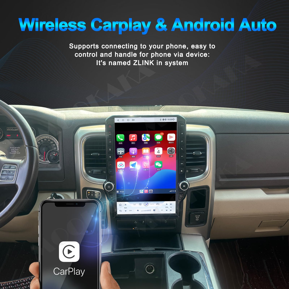 14.5 Inch Android Car Radio for Dodge RAM 1500 2500 3500 2013-2018 Truck Stereo Upgrade Tesla Style Touch Screen Carplay Android Auto GPS Navigation Head Unit (8-128GB)